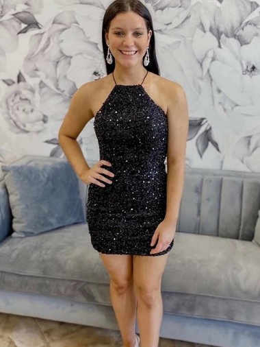 Halter Sleeveless Short Velvet Sequin Homecoming Dress Canada