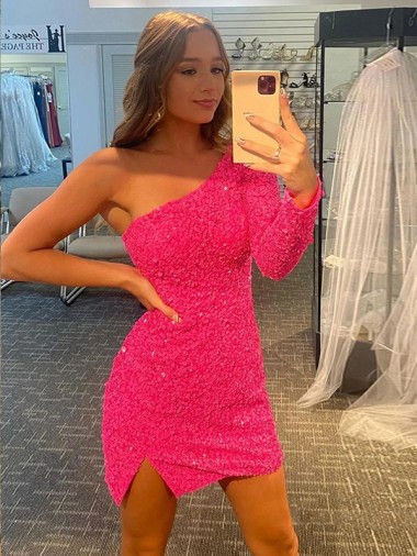 Short Velvet Sequin One Shoulder Long Sleeves Homecoming Dress Canada