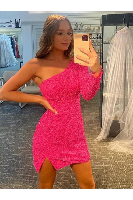 Short Velvet Sequin One Shoulder Long Sleeves Homecoming Dress Canada