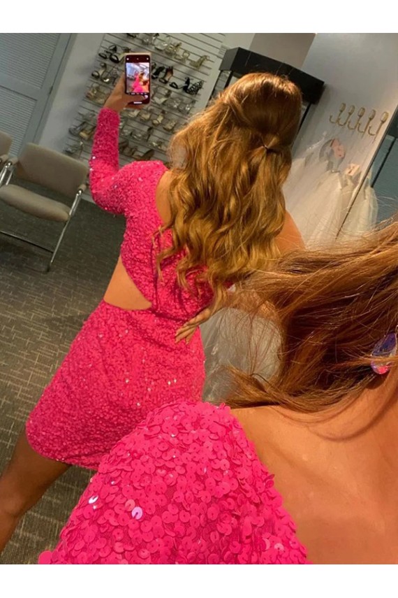 One Shoulder Long Sleeves Short Velvet Sequin Homecoming Dress Canada