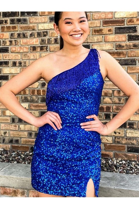 One Shoulder Sleeveless Short Velvet Sequin Royal Blue Homecoming Dress Canada