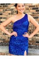 One Shoulder Sleeveless Short Velvet Sequin Royal Blue Homecoming Dress Canada