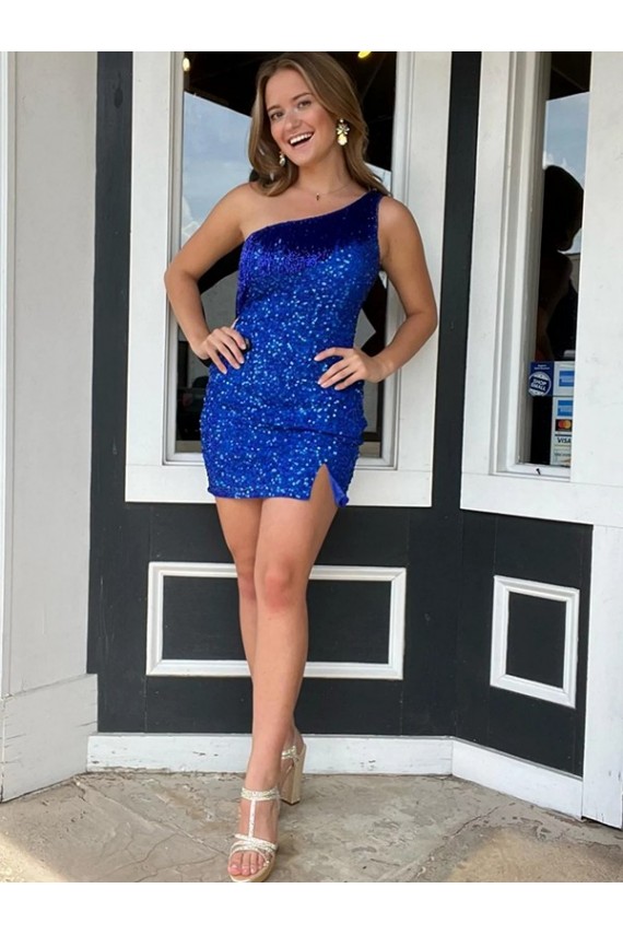 One Shoulder Sleeveless Short Velvet Sequin Royal Blue Homecoming Dress Canada