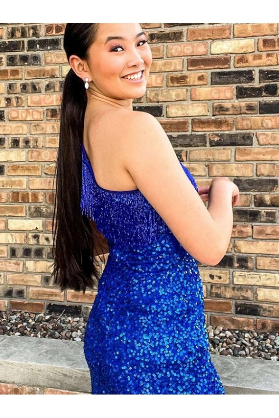 One Shoulder Sleeveless Short Velvet Sequin Royal Blue Homecoming Dress Canada