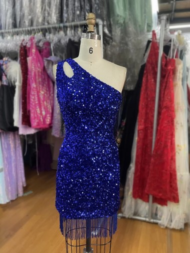One Shoulder Keyhole Sleeveless Short Velvet Sequin Homecoming Dress Canada