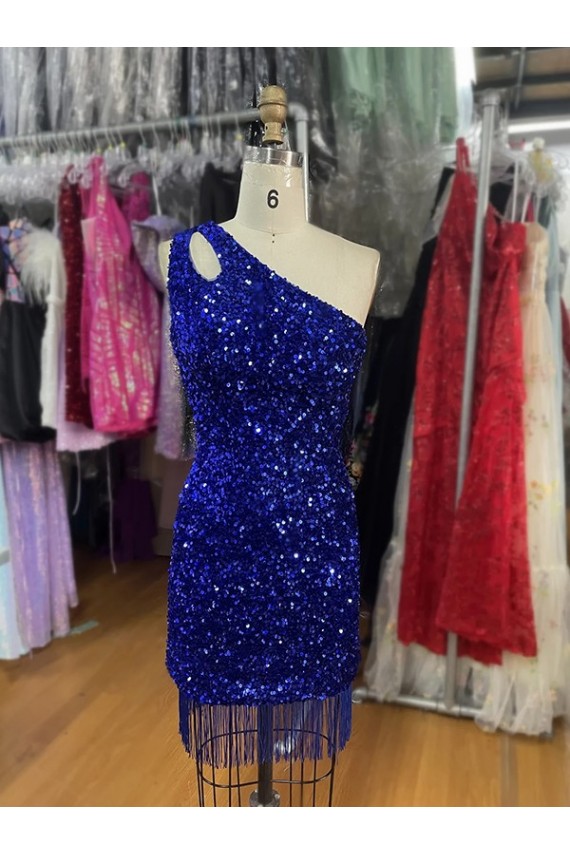 One Shoulder Keyhole Sleeveless Short Velvet Sequin Homecoming Dress Canada