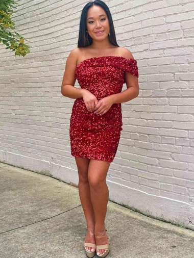 Short One Shoulder Sleeveless Velvet Sequin Homecoming Dress Canada