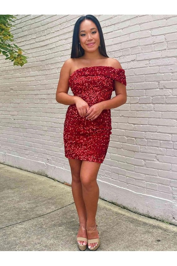 Short One Shoulder Sleeveless Velvet Sequin Homecoming Dress Canada