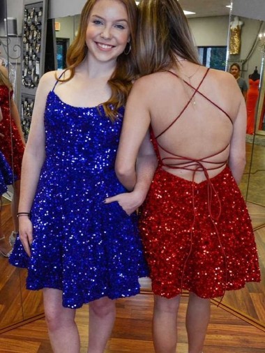 A-Line Spaghetti Straps Sleeveless Short Velvet Sequin Homecoming Dress Canada