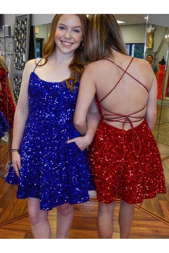 A-Line Spaghetti Straps Sleeveless Short Velvet Sequin Homecoming Dress Canada