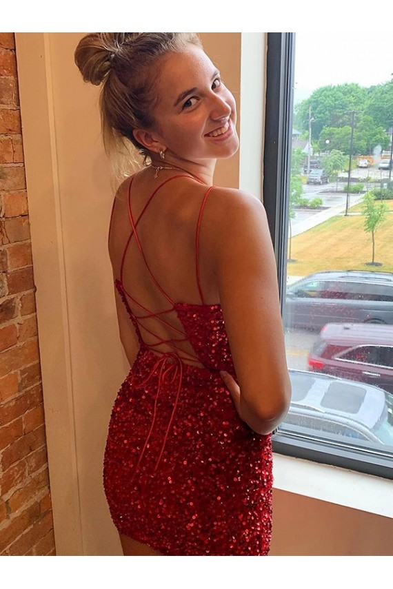 V-Neck Sleeveless Short Velvet Sequins Homecoming Dress Canada