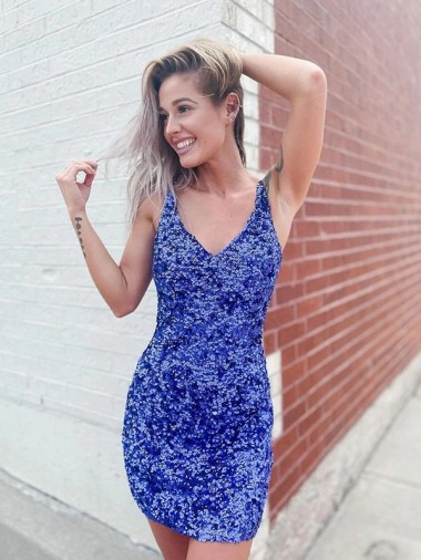 Short Velvet Sequin V-Neck Sleeveless Homecoming Dress Canada
