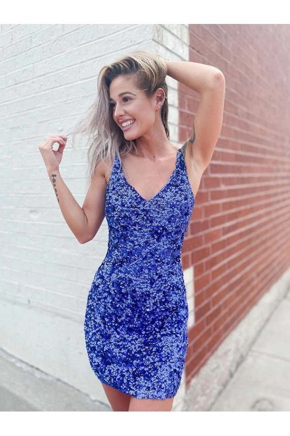Short Velvet Sequin V-Neck Sleeveless Homecoming Dress Canada