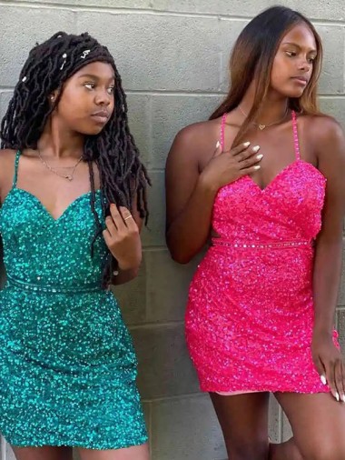 V-Neck Sleeveless Short Velvet Sequin Homecoming Dress Canada