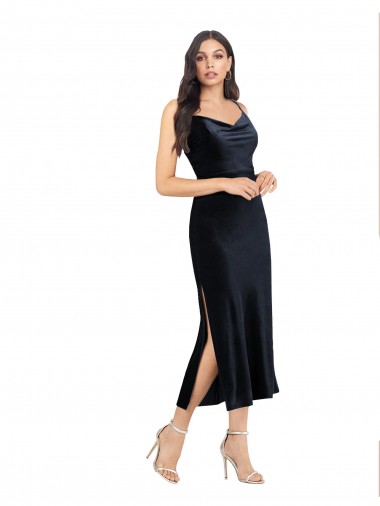 Midi Length Velvet Homecoming Dress with Cowl Neck and Spaghetti Straps Canada