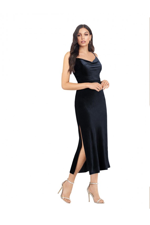 Midi Length Velvet Homecoming Dress with Cowl Neck and Spaghetti Straps Canada