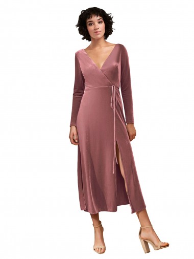 Long Sleeve Velvet Faux Wrap Midi Length Homecoming Dress Canada